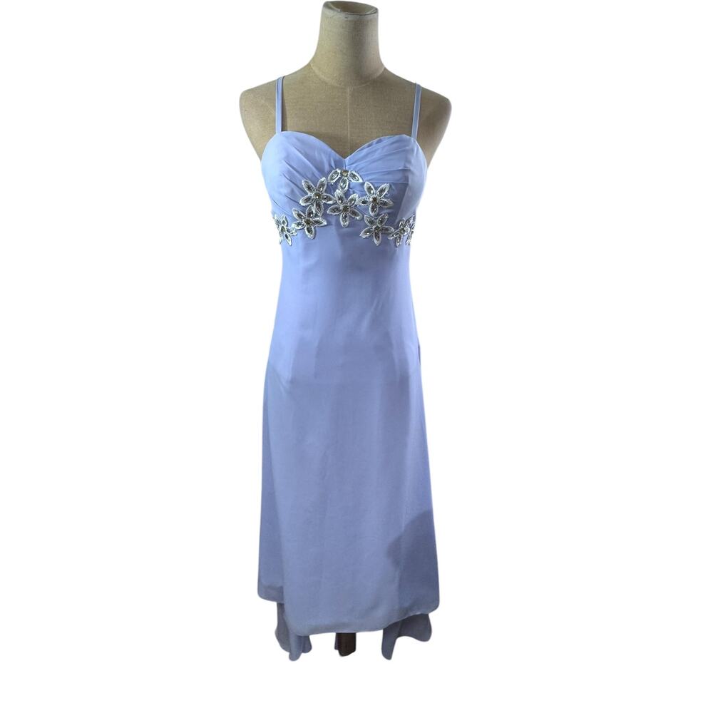 NO Name Elegant Evening Gown Purple Open Back Babydoll Floral Lace Bling Hi- Low